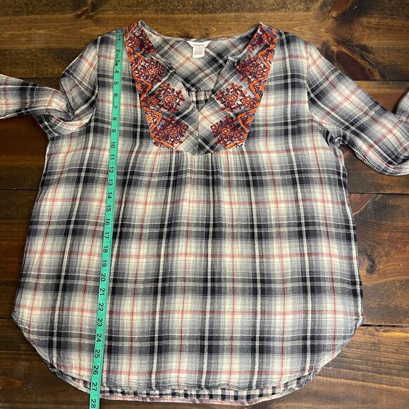 Sundance Black Orange Plaid Embroidered Long Sleeve Top V Neck Women's Large - Picture 9 of 10